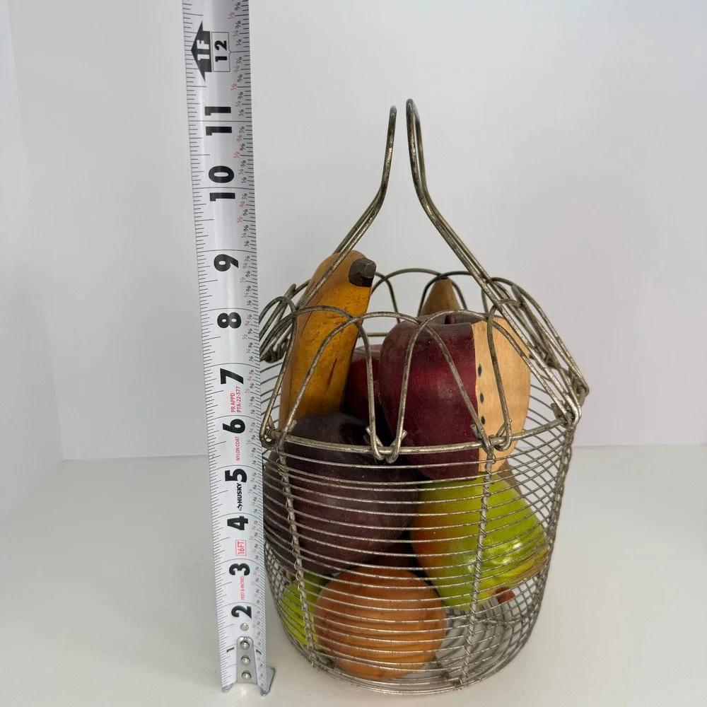 French egg wire basket with wooden fruits vintage‎ primitive decor fruit basket